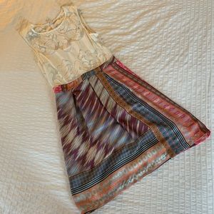 Anthropologie - Weston Mismado Dress - Cream Lace Top w/ Silk Boho Print Skirt